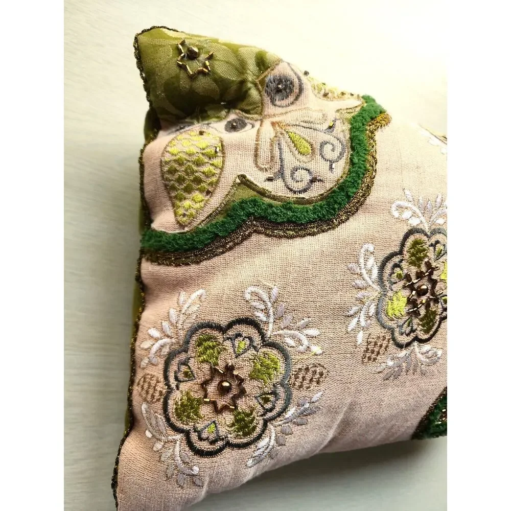 Pier 1 Beaded Embroidered Throw Pillow 16x12 Green Floral Accent Decor